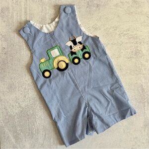Striped Blue Kids One Piece with Tractor Design